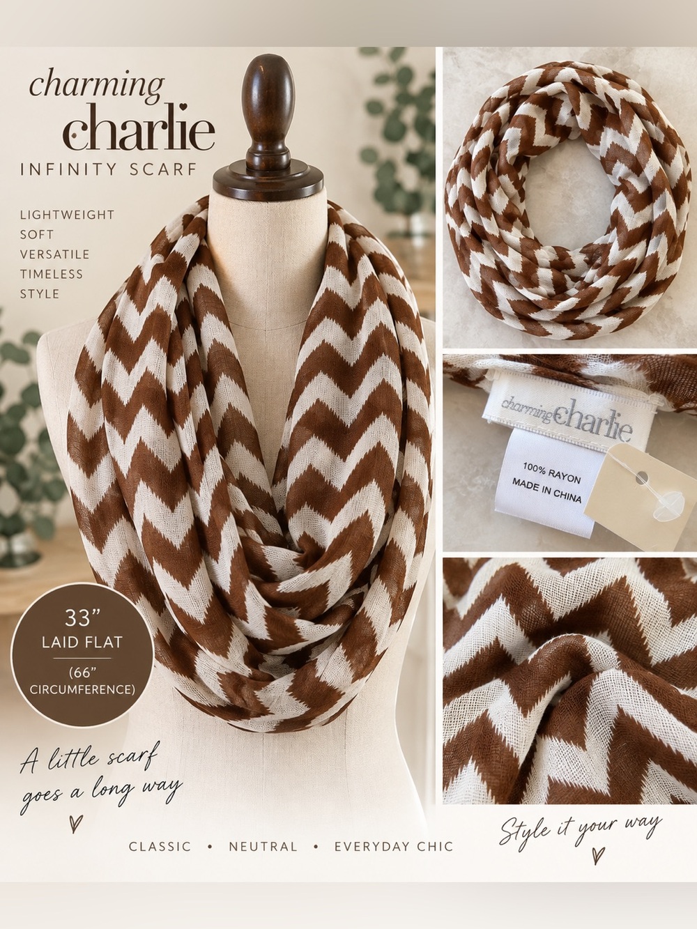 Charming Charlie Brown Ivory Chevron Infinity Scarf 100% Rayon